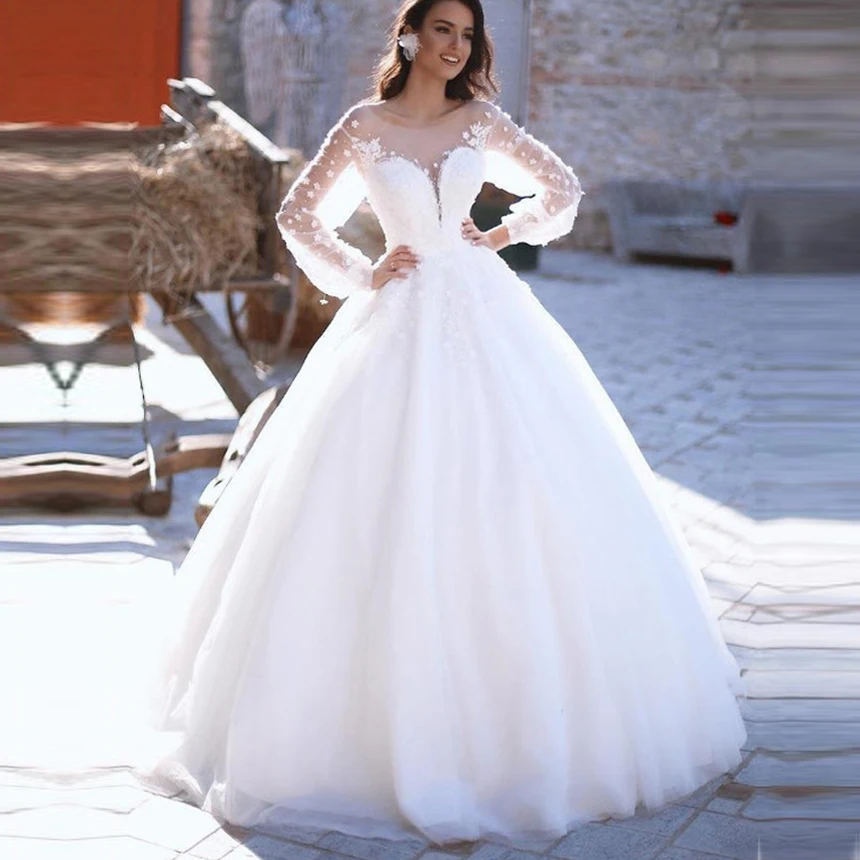 

Vestido de Noiva Long Sleeve Wedding Dresses 2019 Appliques Lace Backless Ball Gown White Ivory Custom Made Tulle Wedding Dress