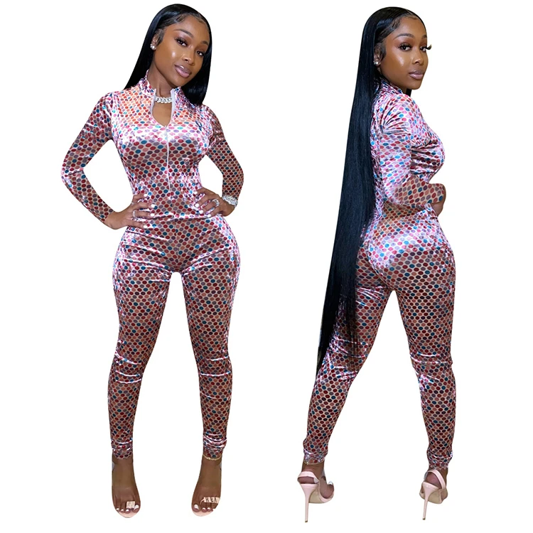 A110494 2019 casual long zipper polka dot pleuche fashion wholesale print women jumpsuits and rompers