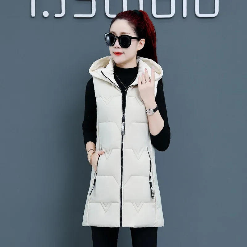 

New Slim Waistcoat Warm Vest Female Autumn Winter Down Cotton Clothing Vest Women Thick Hooded Length Waistcoat Jacket