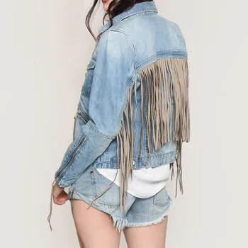 

European Style Women Denim Jacket Fashion Single Breasted Tassel Outwear Pocket Zipper Jacket Streetwear Slim Fit Jean Jackets