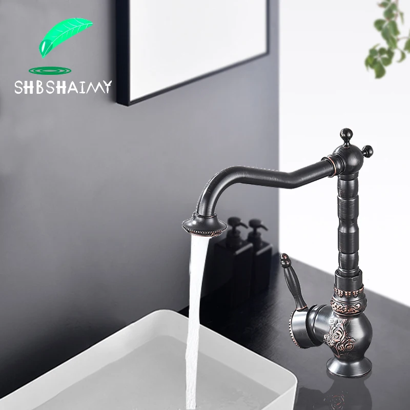 

Traditional Black Bronze Basin Faucet Rotation Brass Bathroom Washbasin sink Faucet Single Handle Single Hole Hot Cold Mixer Tap