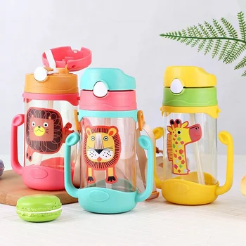 

400ML Children Water Drinking Bottle Kids Drinking Cartoon Cup Cup Plastic Straws Bottle Kindergarten Cups with Straps