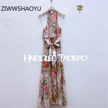 

ZIWWSHAOYU Fashion Women Summer Bohemian Style Vacation Midi Dress Halter Collar Bow Tie Floral Print Ladies Pleated Dresses