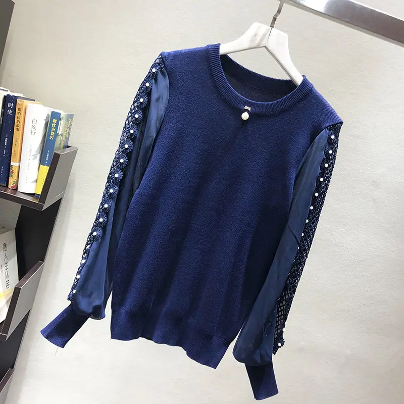 navyblue LUOSHA женский осенне-зимний открытый 3D кружевной цветок жемчуг бисер вязаный пуловер и свитер женский модный джемпер Pull Femme - Цвет: navyblue