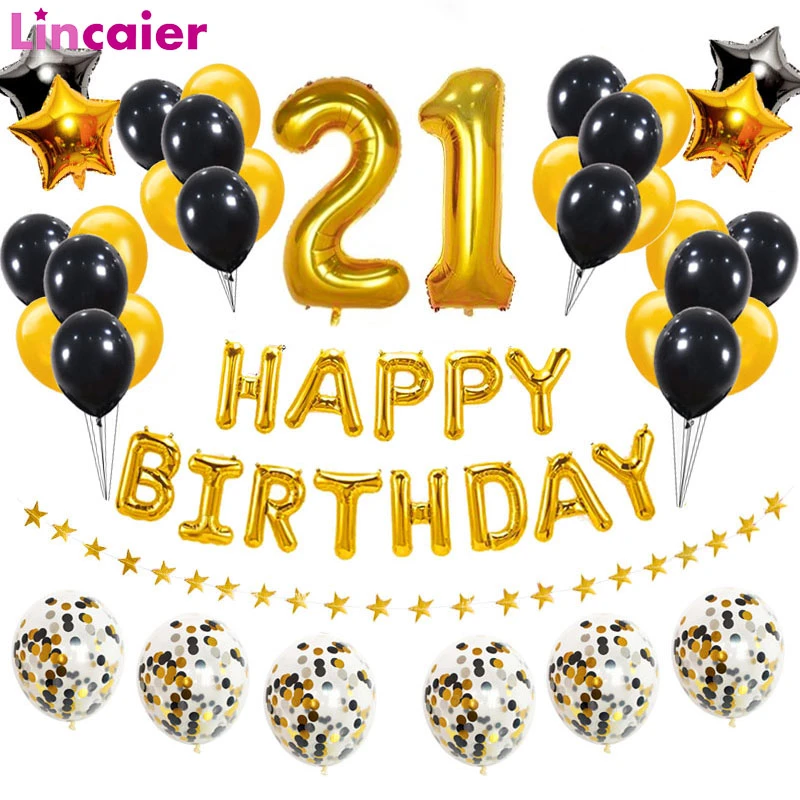 38pcs Gelukkig 21 Verjaardagsfeestje Decoraties Nummer 21 Folie Goud Zwart Ballonnen Volwassen 21st Jaar Oude Man Vrouw Levert Supplies Party Aliexpress