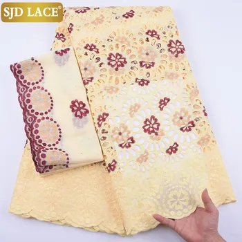 

SJD LACE 5+2Yards African Lace Fabric With Headcloth Embroiderey Swiss Voile Lace Popular Dubai Style For Wedding Dress SewA1970