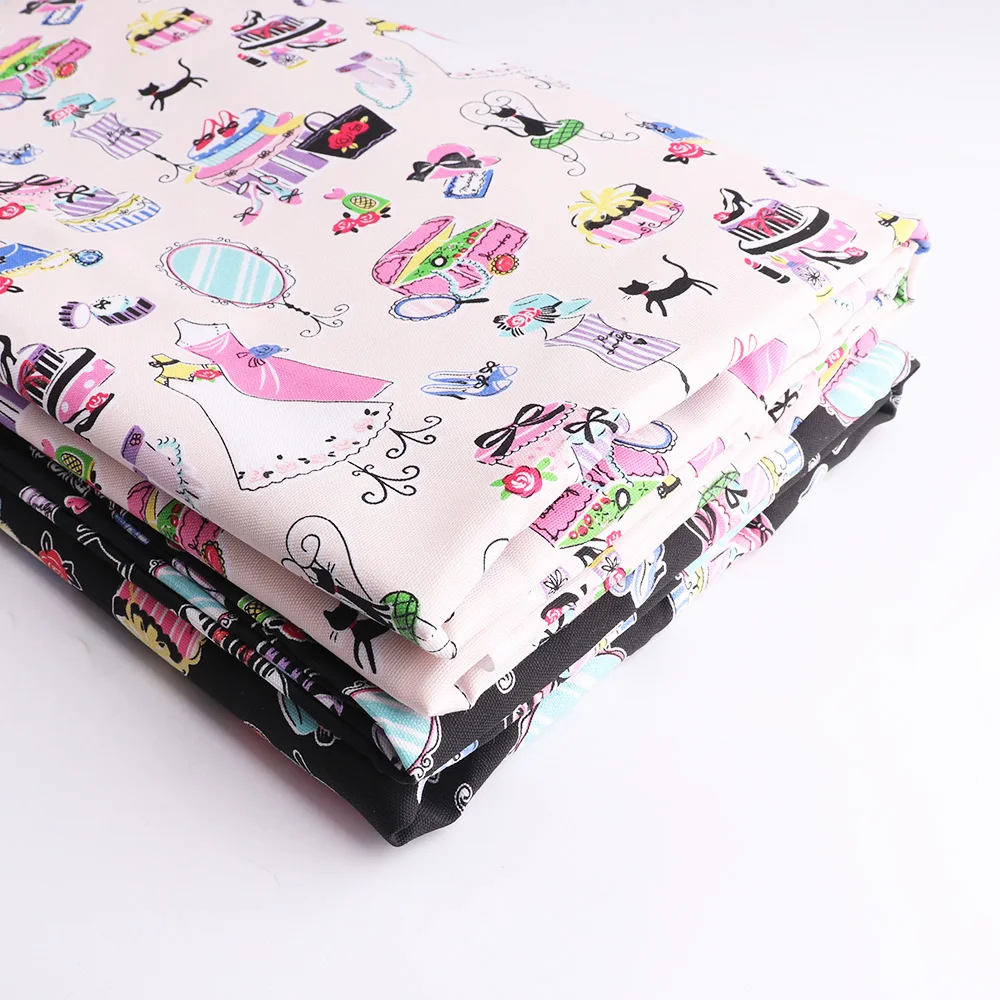 

Printed Cartoon Twill Cotton Fabric Black/Pink for Girl Handwork Cloth Sewing DIY Handbag Sofa cushion Tablecloth Pinafore