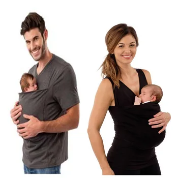 

Family Baby Carrier Clothing Kangaroo T-Shirt for Father Mother with Baby Short Sleeve Big Pocket Tops Maternity Clothes