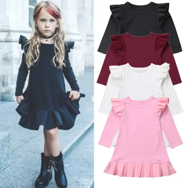 

Autumn Winter Toddler Kids Baby Girl Sweet Sweater Dress Ruffles Long Sleeve Solid Knee-Length Trumpet Dresses 1-6 Year