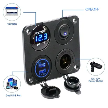 

Car Marine Boat Switch Panel Multi-function 4 in 1 On-Off Switch Panel With Dual USB Ports Car Charger Blue LED Voltmeter 12-24V