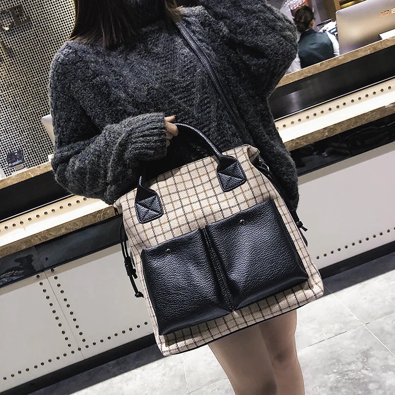 

2019 new wool plaid pillow bag English wind double bag large capacity shoulder diagonal portable women's bag
