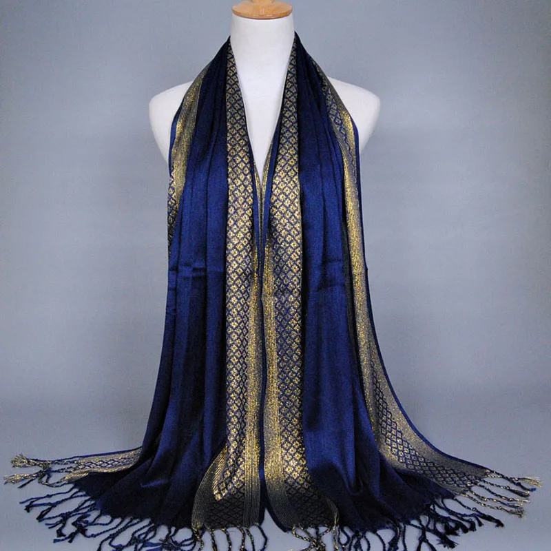 2024 Luxury Brand Women Gold Cotton Solid Color Muslim Head Scarf Shawls and Wraps Glitter Pashmina Bandana Female Foulard Hijab 4