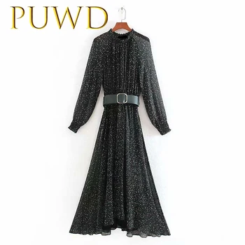 

PUWD 2019 Spring new women's small dot color matching print with belt long sleeve dress slim long skirt