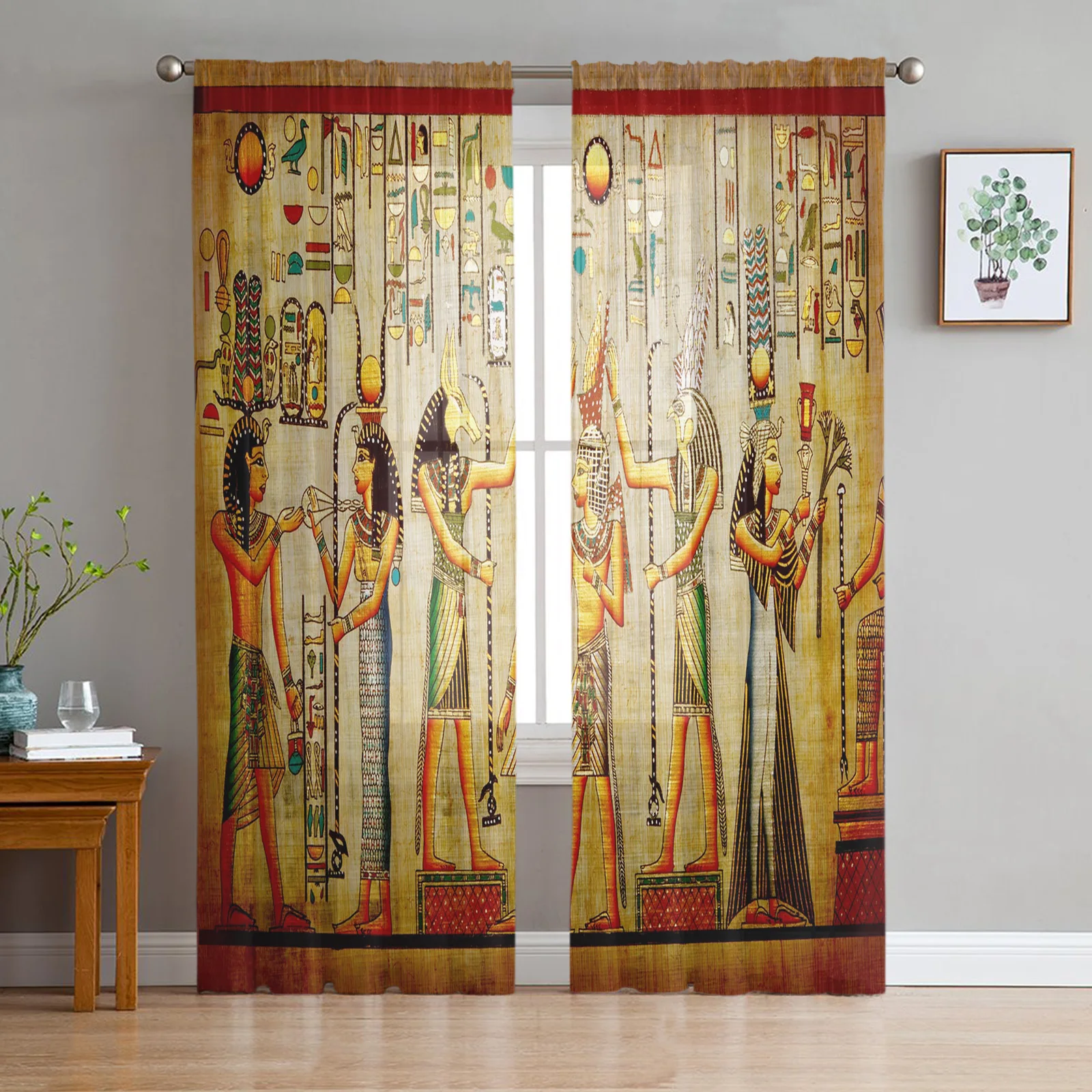Egyptian Culture Retro Style Tulle Window Treatment Sheer Curtains For