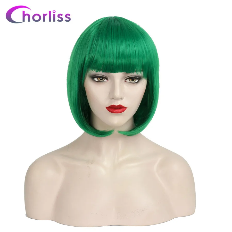 Grass Green Парики из искусственных волос короткий прямой Боб женские парики с бахромой Chorliss искусственные волосы розовый белый зеленый красный коричневый фиолетовый Косплей парики - Цвет: Grass Green