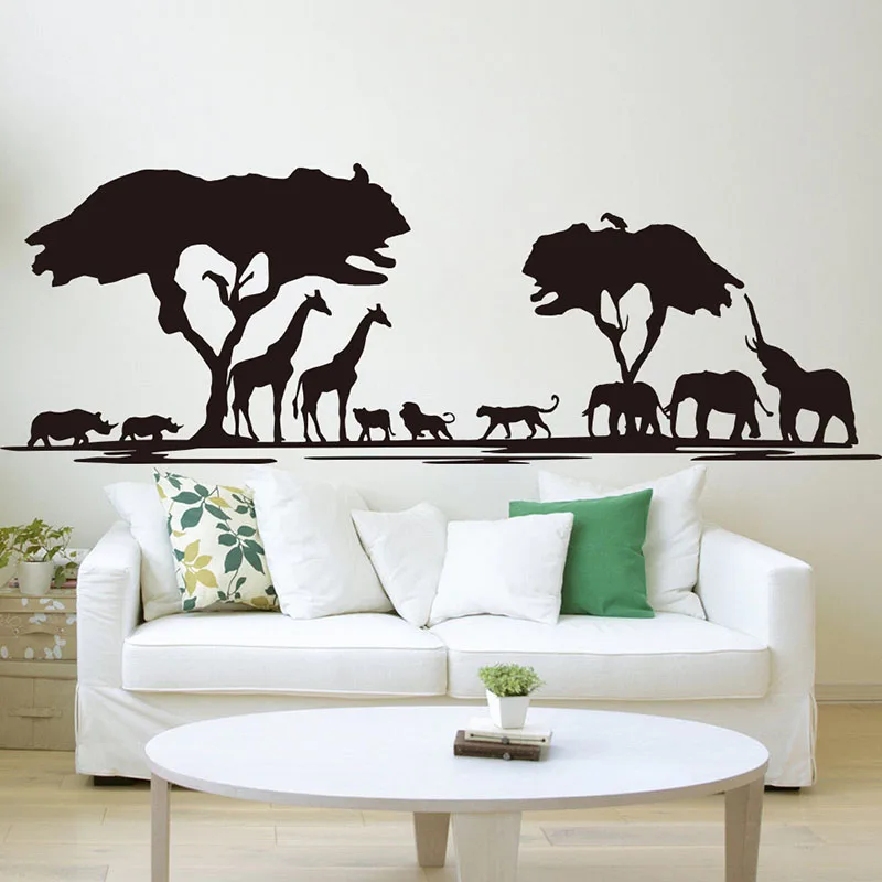 Large Safari Animal Forest Giraffe Elephant Wall Sticker Bedroom Living Room Africa Savanna Animal Tree Zoo Wall Decal Kids Room (3)