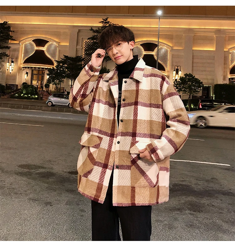 Fashion Mens woolen coat Red Khaki Loose plaid jacket Autumn Spring Winter