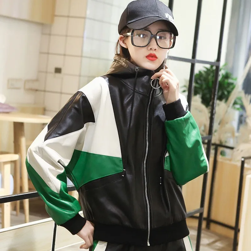 Autumn Casual Genuine Leather Hooded Jacket Women Long Sleeve Stand Collar Zip Loose Fit Patchwork Street Sheepskin Short Coat