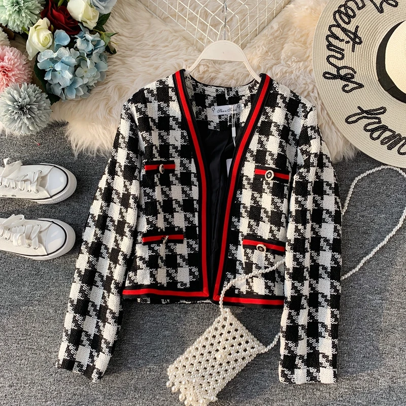 

2019 New Autumn Winter loose Houndstooth short coat V-neck Long sleeve female small fragrance tweed jacket Women's cc794