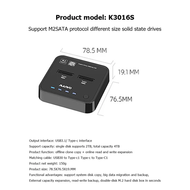 Station d'accueil Maiwo K3016CL SATA et SSD NVMe - USB 3.1 Gen2 - M-Key et  B+M Key 