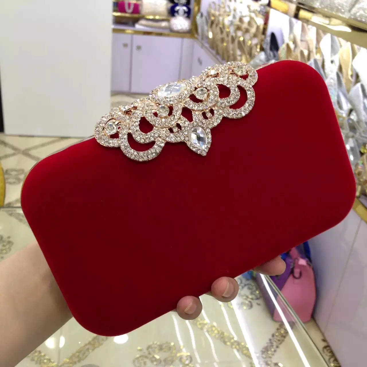 

Mermaid New Products Diamond Set Velvet Evening Bag High Quality Alloy Crown Glass Diamonds Banquet WOMEN'S Bag Bridal Bag