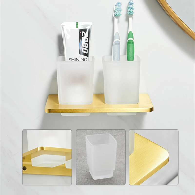 Wall Mounted Toothbrush Holder Set Double Glass Tumbler Brushed Gold Aluminum Bathroom Toothpaste Holder Bathroom Accessories