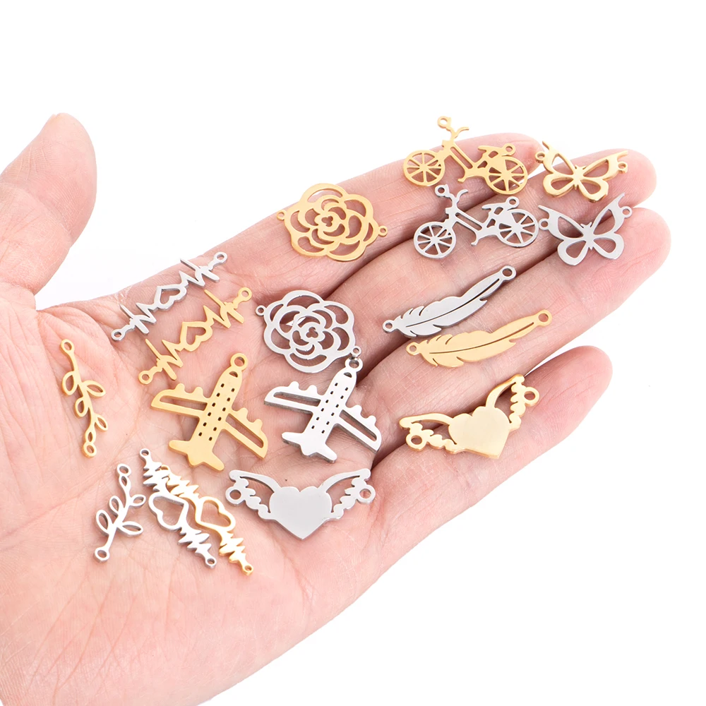 10pcs Stainless Steel Gold Charm Connectors Flower/Bike/Aircraft/Feather Shape Pendant Links For Jew