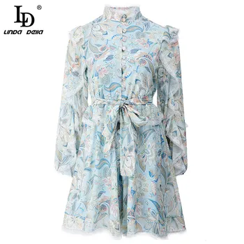 

LD LINDA DELLA 2020 Autumn Fashion Runway Short Dress Women Stand collar Floral print Lace up Vintage Mini Dress Vestidos