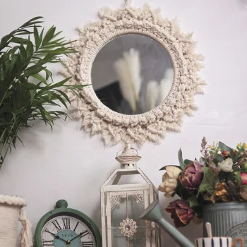 

Beige Hanging Wall Mirror with Macrame Fringe Round Boho Mirror Walls Decor for Apartment Living Room Bedroom Baby Nursery