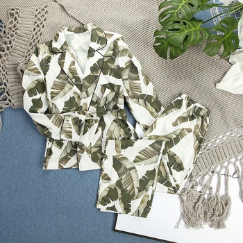 

HECHAN Banana Leaf Robe Sets Women Sleepwear Two Piece Set Long Sleeve Satin Pajamas Tropical Graphic Home Suit Sets Bathrobe