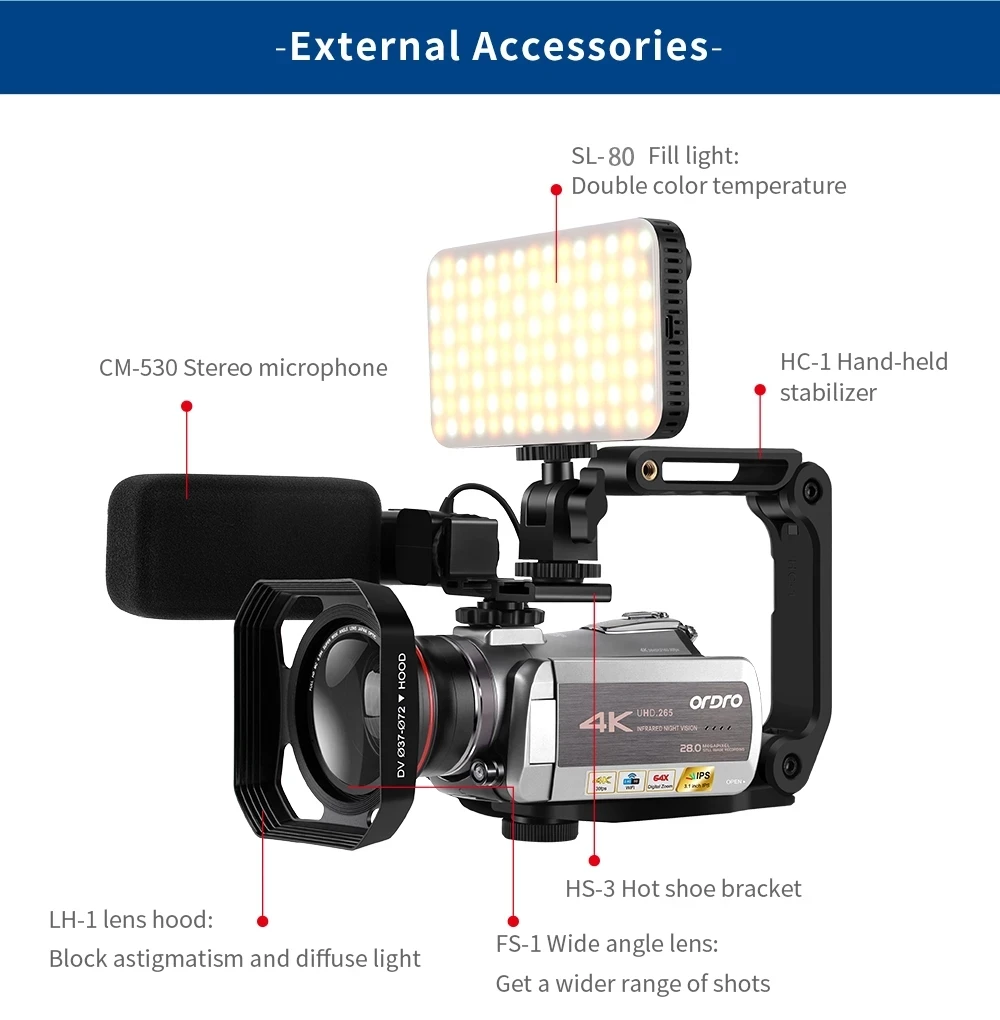 

ORDRO AZ50 4K Video Camera 30FPS Night Vision 4K Camcorder H.265 Format Support Stereo Microphone GPS Receiver