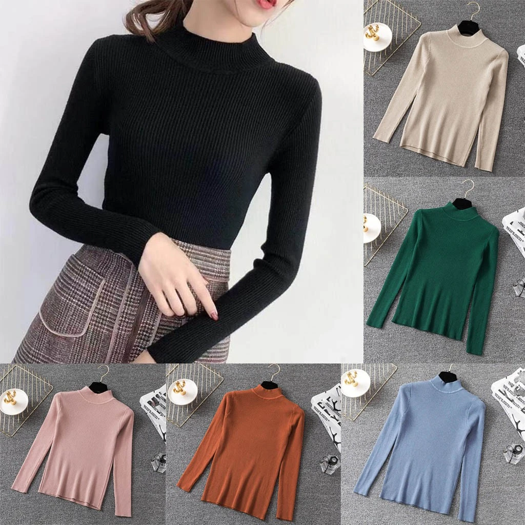 Fashion Blouse Women Top Korean Harajuku Long-sleeved Knitting Shirt  Solid Color Slim Semi-High Collar Elegant Shirts 826