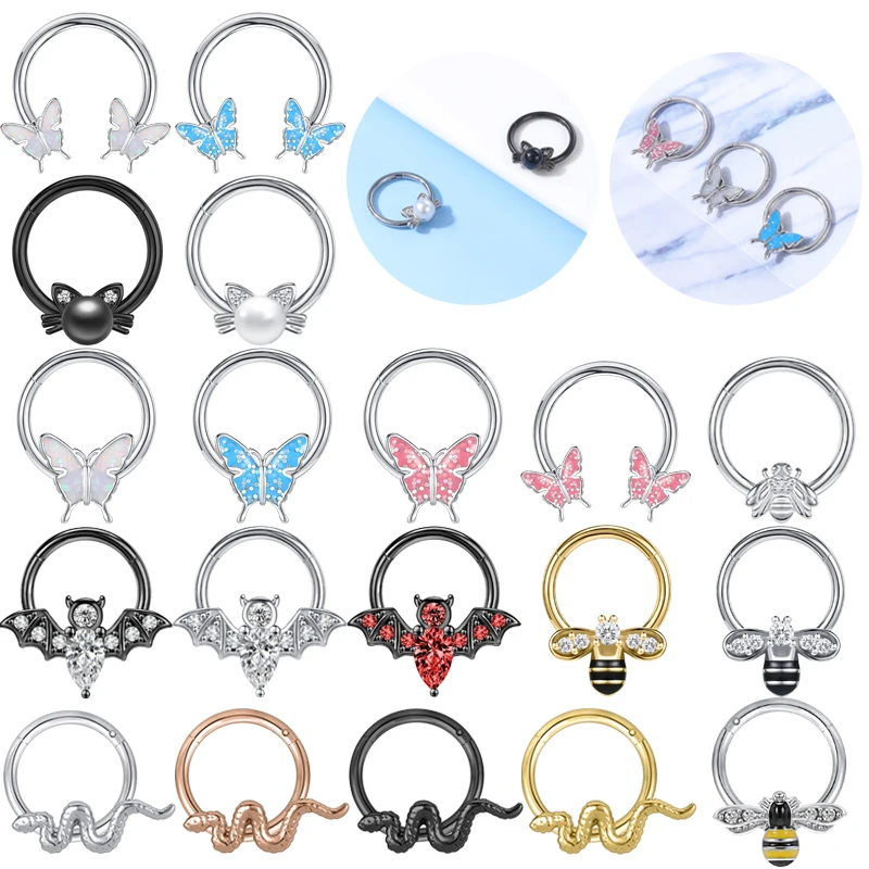 ZS – anneau de nez papillon en acier inoxydable, 16G, perle, chat, Septum, abeille, chauve-souris, Septum, Piercing papillon bleu, Helix, boucle d'oreille