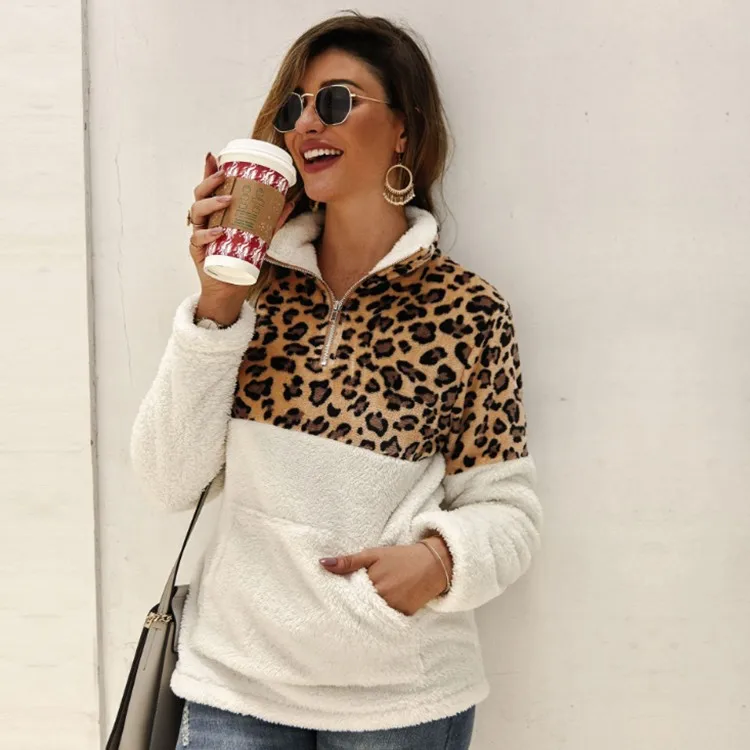 

Hot-selling explosive autumn and winter 2019 European and American new long-sleeved guard jacket with leopard pattern stitching