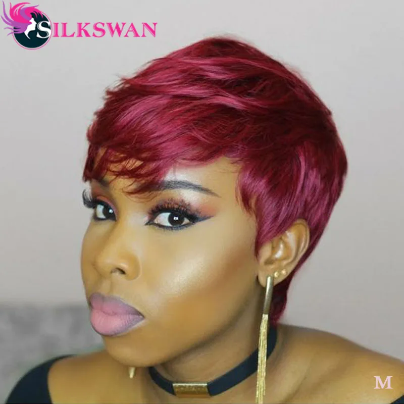 

Silkswan Hair Curly #99j Short Pixie Cut 13*4 Lace Front Wig Brazilian 100% Human Remy Hair 150 Density Swiss Lace For Woman