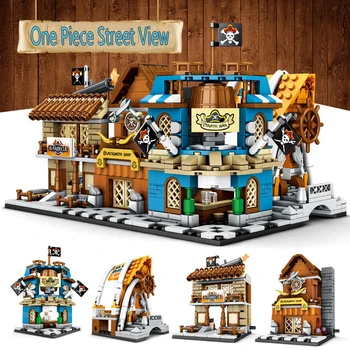 

ONE PIECE 4Pcs Mini Pirates Town Street Building Block Set 3D DIY Bar Blacksmith Barbecue Shop Brick Toy For Kids