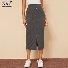 Dotfashion/Повседневная серая юбка с завышенной талией и разрезом на подоле для женщин, осенняя юбка с эластичной резинкой на талии и на пуговицах, Женская карманная юбка с деталями