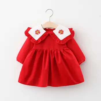 

Autumn Baby Girls Long Sleeve Ruffles Flower Lapel Collar Princess Party Pleated Dress Cute Children Kids Dresses vestidos