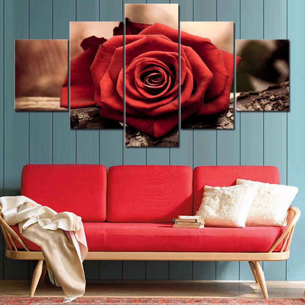 

Modular Canvas Pictures HD Printed Wall Art Framework 5 Panels Red Rose Flower Painting Living Room Modern Home Decor Poster