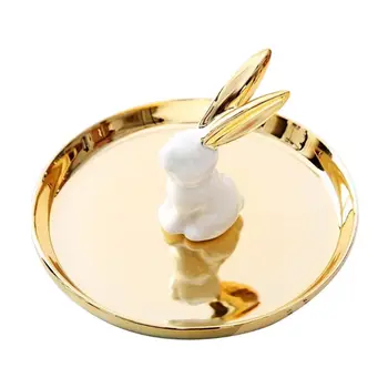 

Golden Dish White Rabbit Jewelry Tray Ring Bracelet Necklace Display Showcase