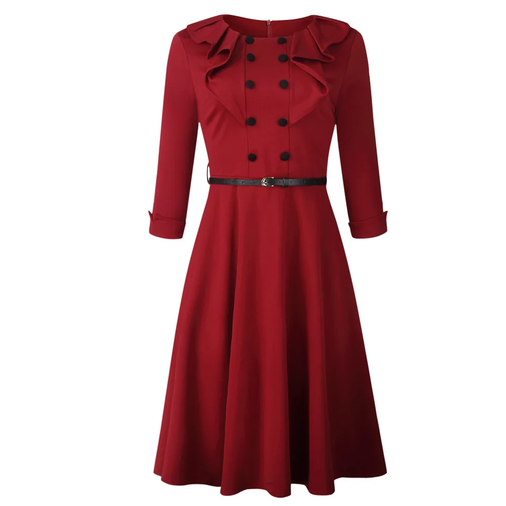 Европейская и американская Женская Мода Волнистые сшивание двухрядные пуговицы украшение для поездок Большие размеры платье с поясом