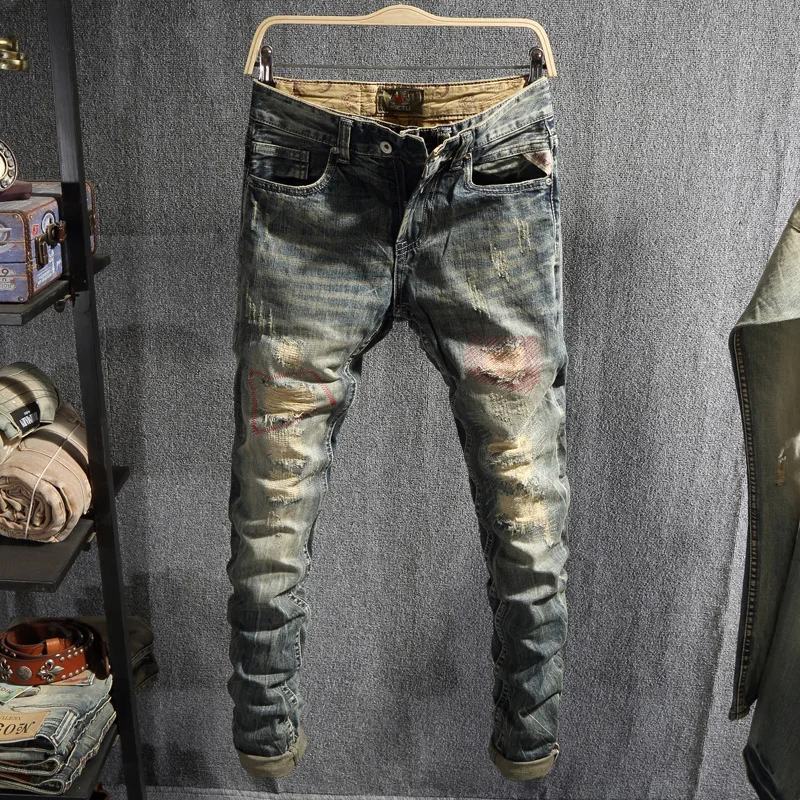

Italian Fashion Men Jeans Retro Destroyed Ripped Jeans Men Slim Fit Patchwork Designer Cotton Pants Streetwear Hip Hop Jeans