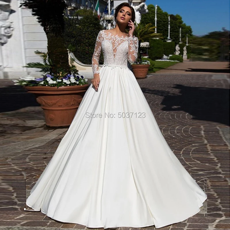 

Vestido De Noiva Satin Ball Gown Wedding Dresses Long Sleeves Lace Appliques Scoop Button Illusion Bridal Gown Sweep Train