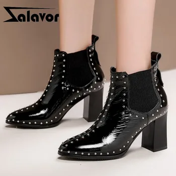 

ZALAVOR Women Sexy Rivets Ankle Boots Real Leather Slip On Fashion Office Work Winter Shoes Women Pointed Toe Botas Size 31-43