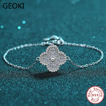 

Geoki Passed Diamond Test 0.42 CT Perfect Cut Moissanite Clover Bracelet 925 Sterling Silver D Color Diamond Bracelets Jewelry