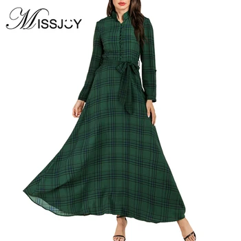 

MISSJOY Plaid Printed Casual Abaya Muslim Women Dress Elegant 2019 Marocain Kaftan Stand collar Green Robe Female Long Sleeves