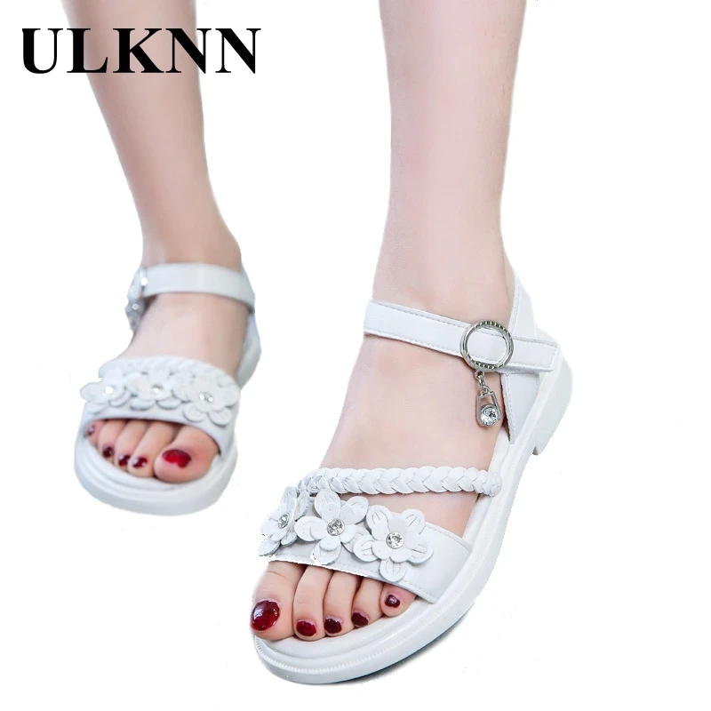 ULKNN-Sandalias planas de princesa para niñas, zapatos de flores rosas, a la moda, color Size25-36, blanco y morado, novedad de verano 2021