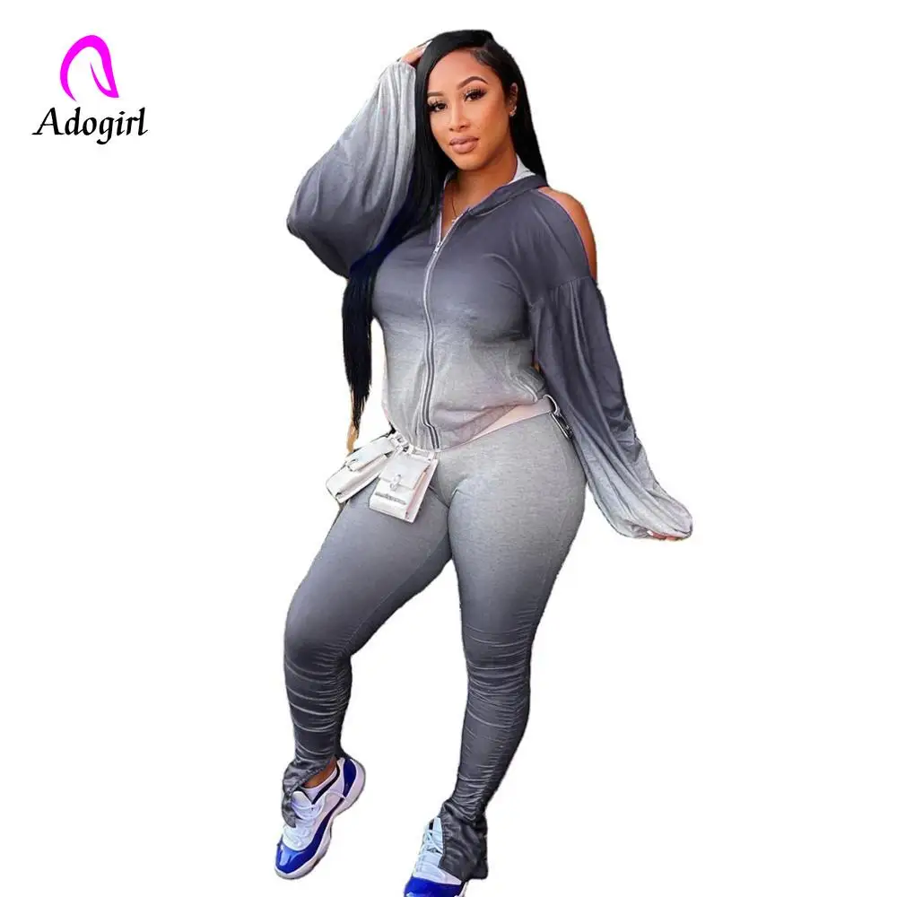 

Changing Color Hollow Out Hooded Zip Two Piece Set Casual Long Sleeve Off Shoulder Zipper Hoodies Slim Pants GYM Sporty Clothing
