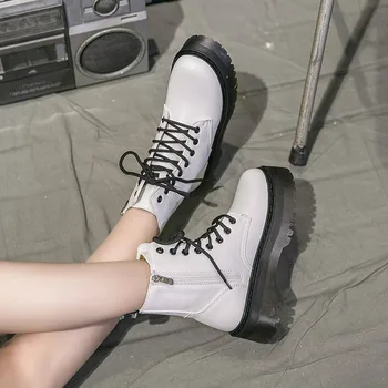 

Women Motorcycle Winter Ankle Snow Boot Soft Leather Wedges Rubber Platform Lace Up Sexy Punk Military Ladies Shoes Botas Mujer