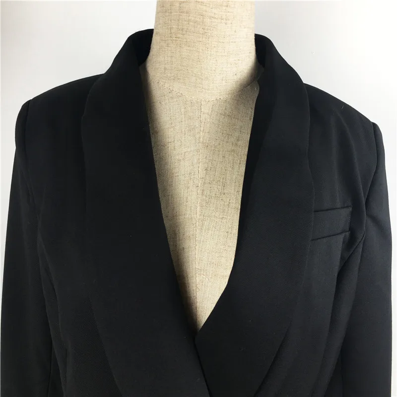Высокое качество офисные женские куртки и пальто шаль воротник полный рукав пуговицы кисточкой цепи Сплит сзади черный блейзер верхняя одежда
